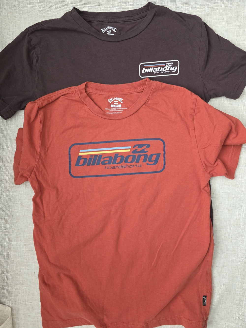 Billabong Logo Tees For Boys - Rust Orange + Brown 2 Shirts Size Med